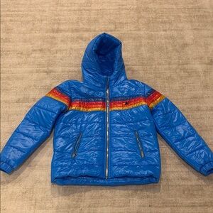 Men’s Blue Puffer Jacket with Rainbow Stripes